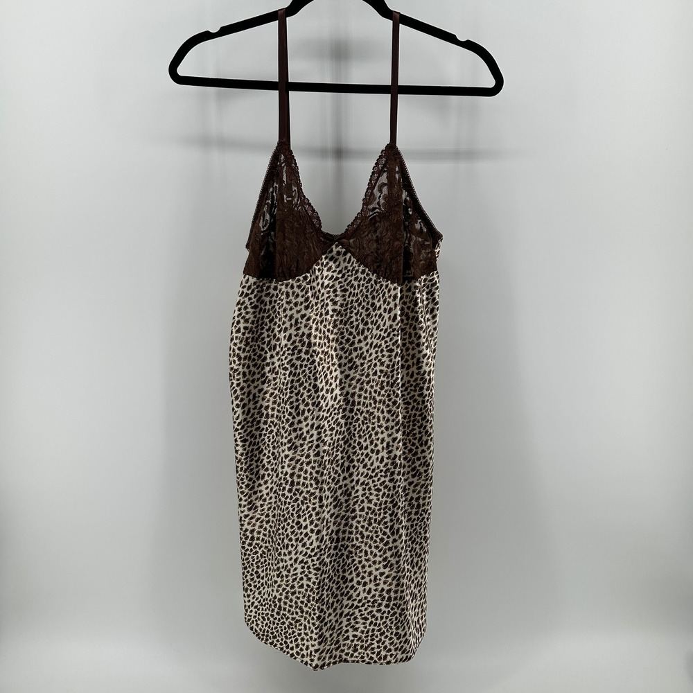 Intimate Style Leopard Lace Trim Chemise Nightie Slip Brown L USA Satin Boudoir